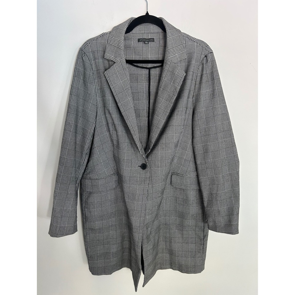 Adrianna Papell Glen Plaid Longline Blazer Black White One Button XL